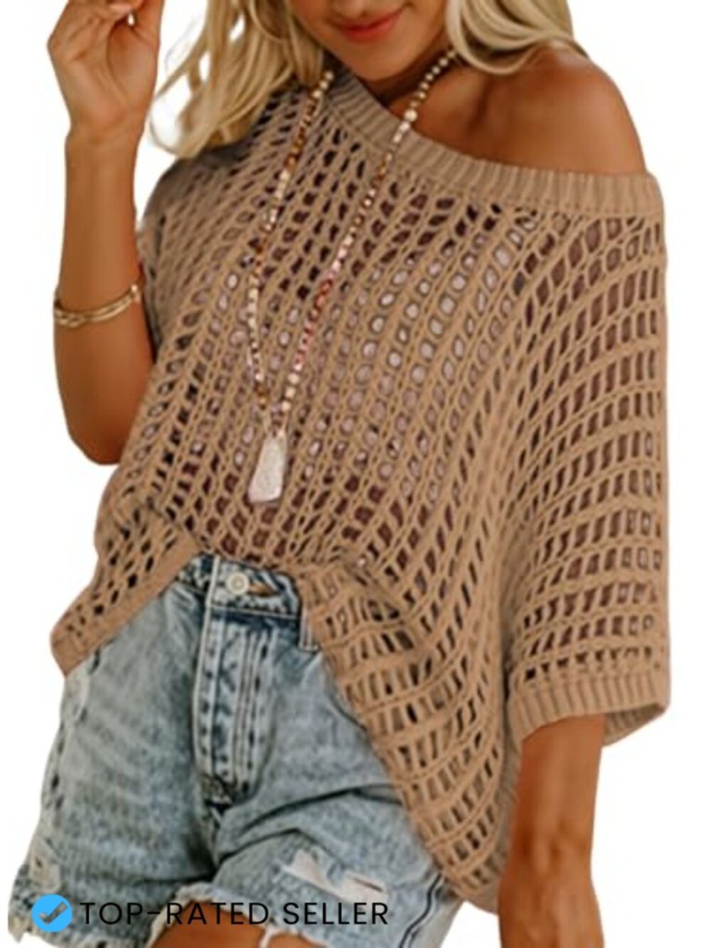 Crochet Hollow Out Short Sleeve Knit Top Beach Coverup